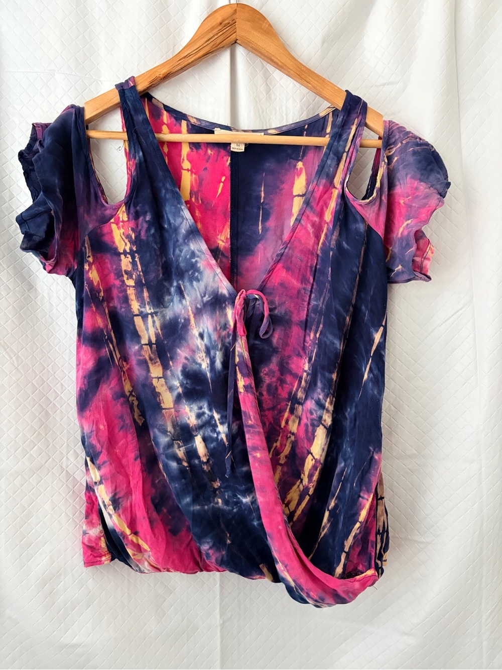 lovestitch Navy, Pink & Yellow Tie-Dye Cold-Shoulder Wrap Top